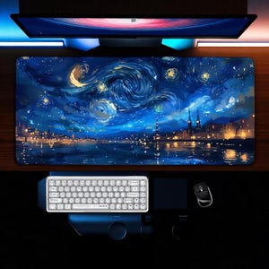 Starry Night XXL Mouse Pad Van Gogh Desk Mat Extra Large Artistic Gaming Keyboard Mat Non-Slip Office Decor for Art Lovers