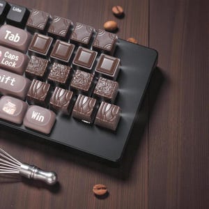 May include: A close-up shot of a black keyboard with chocolate squares arranged on the keys. The chocolates have various designs and textures. Coffee beans are scattered around the keyboard on a dark wooden surface. A whisk is also visible.