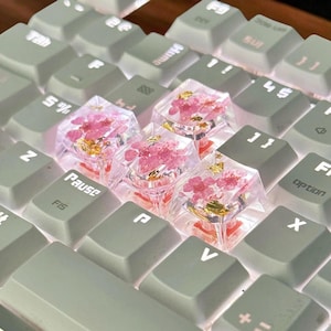 Może przedstawiać: Zbliżenie klawiatury komputera z niestandardowymi nakładkami na klawisze. Nakładki są przezroczyste z różowymi kwiatami i złotymi płatkami w środku. Otaczające klawisze są w kolorze jasnozielonym.
