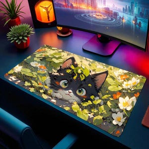 Floral Cats Mouse Pad XXL – Cute Kawaii Desk Mat for Gamers & Office | Large Cat Mousepad Gift | Non-Slip Rubber Mat with Stitched Edge
