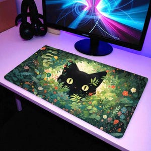 Floral Cats Mouse Pad XXL – Cute Kawaii Desk Mat for Gamers & Office | Large Cat Mousepad Gift | Non-Slip Rubber Mat with Stitched Edge
