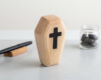Gothic Coffin Magnetic Fidget Slider - Wooden Cross Hand Spinner EDC Toy - Funny White Elephant Gift - Memento Mori Desk Accessory