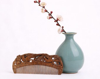 Hand-Carved Green Sandalwood Comb, Hollow-Carved Magpie on Plum Branch Design, Exquisite Gift, Valentine's Day Gifts