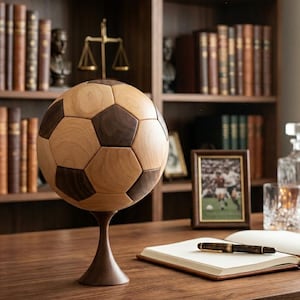 May include: A wooden soccer ball sculpture with a light and dark brown geometric pattern, mounted on a dark brown pedestal. The sculpture is displayed on a wooden desk with a pen, notebook, and framed photo in the background.