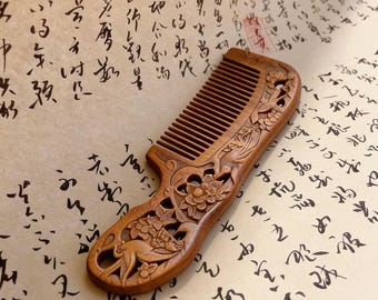 Hand-Carved Green Sandalwood Comb, Hollow-Out Bird-and-Flower Design, Exquisite Gift,Mother's Day Gift