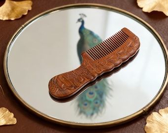 Hand-Carved Green Sandalwood Comb, Peacock Plumage Blooming Design, Exquisite Gift,Mother's Day Gift