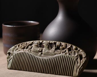 Hand-Carved Green Sandalwood Comb, Hollow-Carved Mandarin Ducks Playing in Water Design, Exquisite Gift,Mother's Day Gift