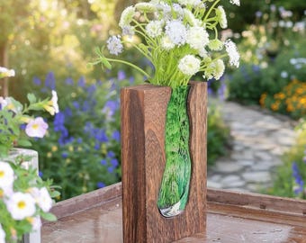 Wooden Inlay Glass Vase | Rustic Wood Glass Vase | Solid Wood Glass Vase | Home Decor Accent Vase | Housewarming Gift