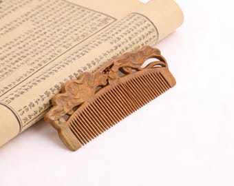 Hand-Carved Green Sandalwood Comb with Hollowed-out Carving, Good Luck Lotus Design, Ideal Exquisite Gift,Mother's Day Gift