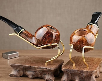 Handmade Ebony Wood Pipe Stand with Gold Metal Rack, Luxury Solid Wood Tobacco Pipe Holder, Elegant Pipe Display Base, Gift for Smokers