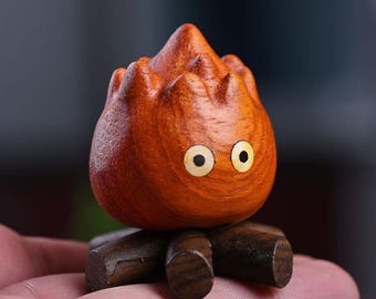 Hand-Carved Wooden Calcifer Magnetic Ornament Small Figurine for Bookshelf/Tabletop Decoration, Home & Office Decoration