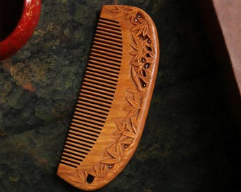Hand-Carved Green Sandalwood Comb, Hollow-Carved Peace&Safe Bamboo Design, Exquisite Gift,Mother's Day Gift