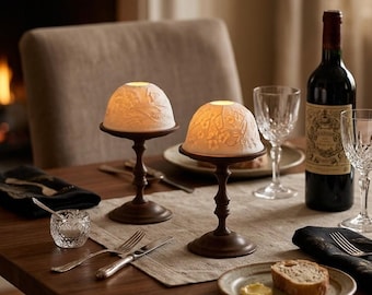 Walnut Candle Holder with Bone Ceramic Shade | Artisan Tabletop Luminary, Elegant Housewarming Gift, Aesthetic Home Decor