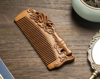 Hand-carved Green Sandalwood Comb, Exquisite Gift, Artistic Vase Floral Design,Mother's Day Gift