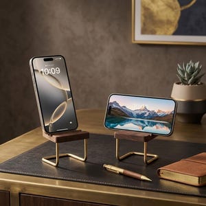 May include: Two smartphones displayed on individual stands, each featuring a dark wood base and a gold-toned metal frame. One phone is positioned vertically, the other horizontally, both showing a digital clock display reading 10:09.