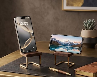 Minimalist Walnut Wood & Brass Phone Stand - Solid Wood Desk Organizer, Multi-Angle Tablet Holder, Eyeglass Display Stand
