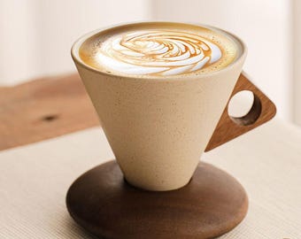 Conical Ceramic Coffee Mug with Solid Wood Handle and Coaster