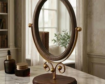 Oval Vintage Makeup Mirror, Rotating Wooden Desktop Mirror, Aesthetic Vanity Decor, 360 Adjustable Tabletop Mirror, Gift for Her