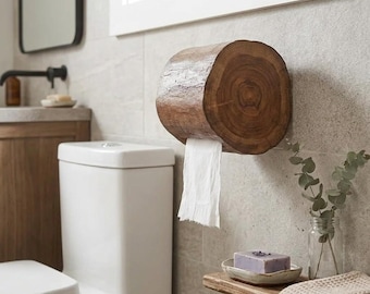Rustic Wood Log Toilet Paper Holder, Natural Tree Stump Bathroom Decor, Farmhouse Tissue Dispenser, Woodland Cabin Bath Accessory