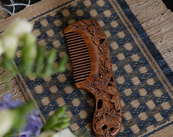 Hand-Carved Green Sandalwood Comb, Hollow-Carved Butterfly Loves Flower Design, Exquisite Gift,Mother's Day Gift