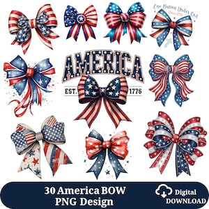 Puede incluir: Una colección de nueve lazos decorativos con patrones rojos, blancos y azules de estrellas y rayas. El texto central dice AMERICA EST. 1776, mientras que otro lazo incluye el texto One Nation Under God Since 1776. Diseño gráfico digital.