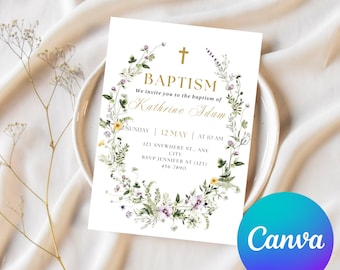Wildflower Baptism Invitation Template, Printable Floral Baptism Invite, Girl Baptism Invitation, Dusty Pink Baptism, Christening Invite
