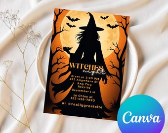 編集可能な魔女の夜遊び招待状：ハロウィンパーティーCanvaテンプレート