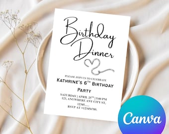 Birthday Dinner Invitation, Editable Birthday Dinner Digital Invite, Dinner Invitation Template, Minimal Birthday Invite, Any Age Invite