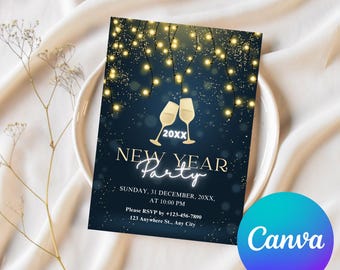 Digital New Years Party Invitation, Cheers to the New Year Invite, Editable NYE Celebration Template, Printable Holiday Party Card