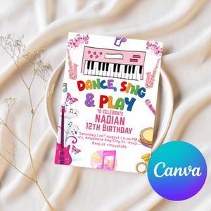 Editable Music Birthday Party Invitation, Kids Musical Instruments Theme, Dance Sing Play 1st Birthday Invite, Custom Canva Template