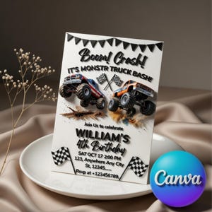 2nd Birthday Monster Truck Invite | Editable Canva Template | Boy Truck Party Digital Card | Watercolor