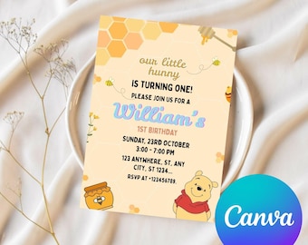 Klassische Winnie the Pooh erste Geburtstagseinladung, bearbeitbare Winnie the Pooh 1st Birthday Party einladen, bearbeitbare und druckbare Einladung