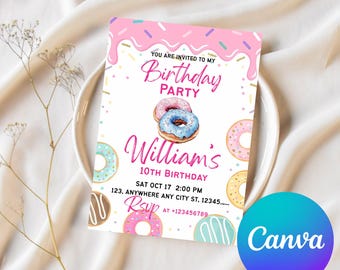 Donut Birthday Invitation,Party Invitation, Sweets Dessert  Candy, Canva Template Editable