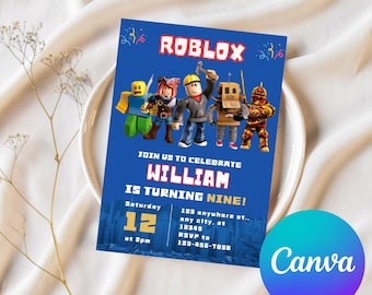 Invitación de Roblox, invitación de Roblox, fiesta de juegos, plantilla de invitación de cumpleaños de chicos de Roblox, cumpleaños de juegos, Roblox para niños, plantilla editable, Canva