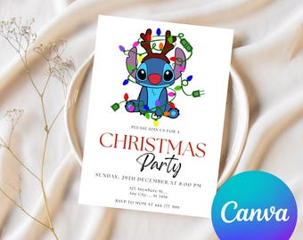 Stitch Christmas Invitation Editable Template, Canva Editable Birthday Invitation, Stitch Christmas Birthday Party Invite Canva Template