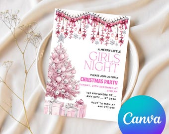 A Merry Little Girls Night Invitation, Christmas Invite, Friendsmas, Pink Ornaments, Winter Holiday Friends Pajama Party EDITABLE
