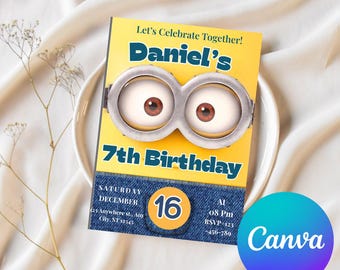 Invitación de cumpleaños editable de Minion para niños, invitación de cumpleaños para niños, invitación de cumpleaños editable con temática de Minion, cumpleaños de niñas, invitación para niños