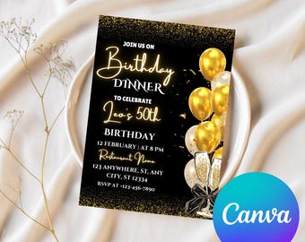 Gold & Black Balloon Birthday Dinner Invitation (Digital Download 5x7 Canva Template)