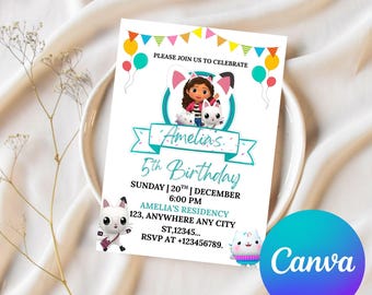 Convite de aniversário da Gabby's Dollhouse editável, modelo de convite de aniversário infantil da Gabby, editável, para impressão, download digital, aniversário de menina