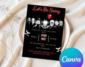 Invitación para fiesta de Halloween, invitación de cumpleaños de película de terror, disfraz, plantilla imprimible de terror sangriento