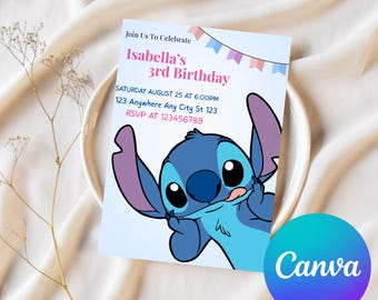 Stitch Birthday Invitation, Canva Editable Party, Invite Canva Template