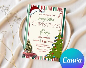 Puede incluir: Una invitación a una fiesta de Navidad con un diseño festivo. La invitación presenta un gorro de Papá Noel, un bastón de caramelo, un árbol de Navidad y una camioneta roja que transporta un árbol de Navidad. El texto dice "merry little Christmas Party".