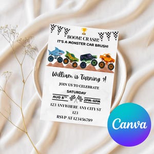 May include: White invitation card with a monster truck theme. The card features illustrations of monster trucks in blue, green, black, and orange. Text includes "BOOM! CRASH!" and "William is Turning 9!" with event details.