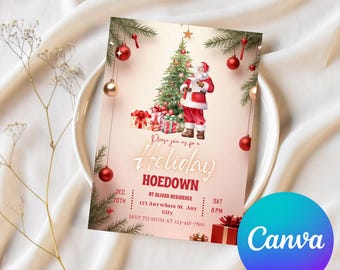 May include: A festive holiday invitation featuring a watercolor illustration of Santa Claus, a decorated Christmas tree, and wrapped gifts. The invitation includes the text "Holiday Hoedown" and event details. Red and gold ornaments dangle from evergreen branches.