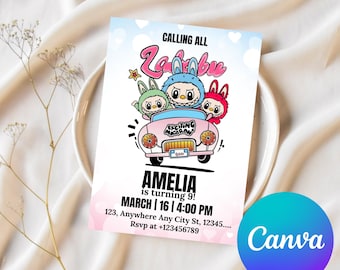 Labubu Birthday Invitation Template: Editable Canva Party Card (Digital Download 5x7in