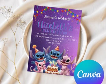 Stitch and Angel Birthday Invitation, Editable Stitch Birthday Invitation, Digital Party Invite, Stitch Birthday Party Invitation Printable