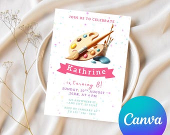 May include: A birthday invitation with a painter's palette, brush, and paint tubes illustration. The invitation text says "Kathrine is turning 8!" with event details. The design includes pink accents and colorful confetti.