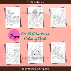 Coloring Book: Sci-Fi Adventures Coloring Book for Kids & Adults | Printable Digital Download | Cute Aliens, Astronauts and More