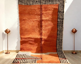 Handcrafted Wool Moroccan Rug – Terracotta Striped Boho Carpet - burnt orange rug