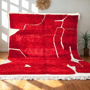 Handmade Red Moroccan Rug: Berber Wool Carpet, Abstract Boho Style
